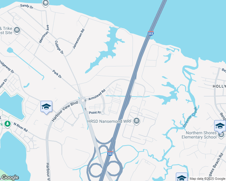map of restaurants, bars, coffee shops, grocery stores, and more near 1215 Gunboat Drive in Suffolk