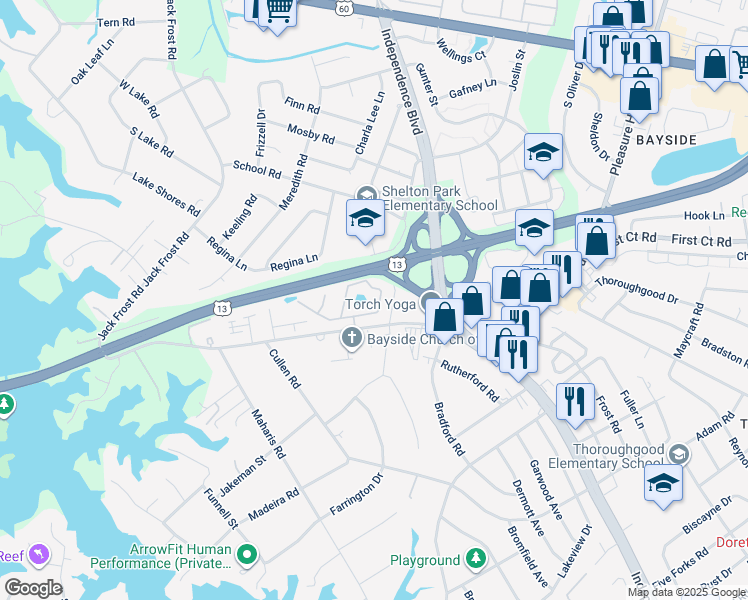map of restaurants, bars, coffee shops, grocery stores, and more near 5260 Bardith Circle in Virginia Beach