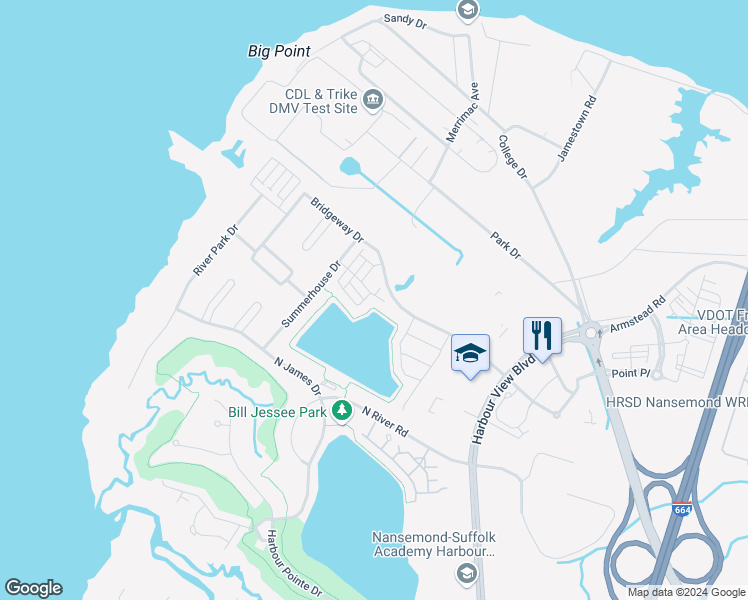 map of restaurants, bars, coffee shops, grocery stores, and more near 202 Stowe Drive in Suffolk