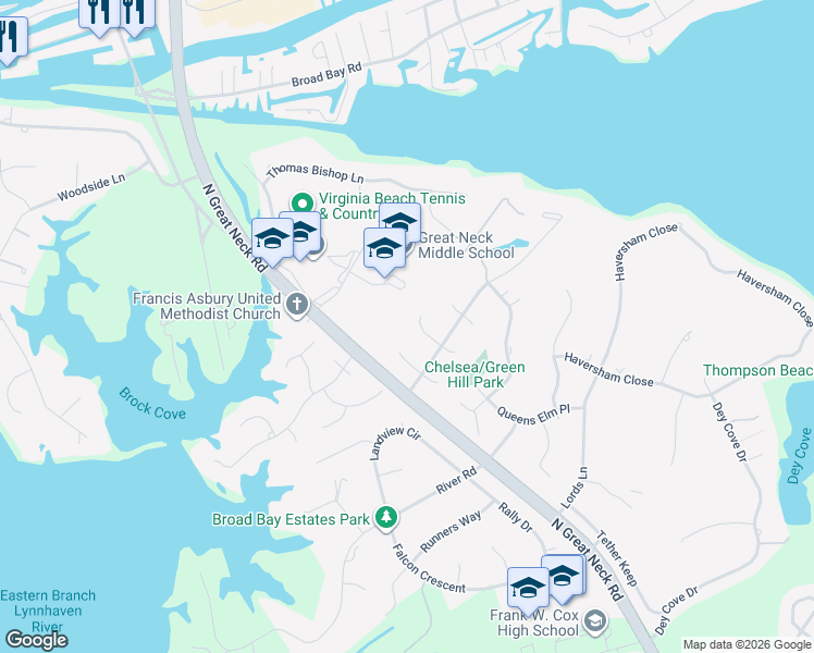 map of restaurants, bars, coffee shops, grocery stores, and more near 1816 Claiborne Place in Virginia Beach