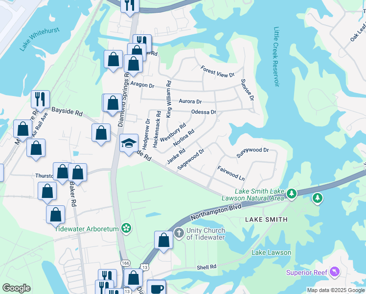 map of restaurants, bars, coffee shops, grocery stores, and more near 1600 King William Road in Virginia Beach