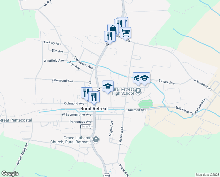 map of restaurants, bars, coffee shops, grocery stores, and more near 200-298 Catron Street in Rural Retreat