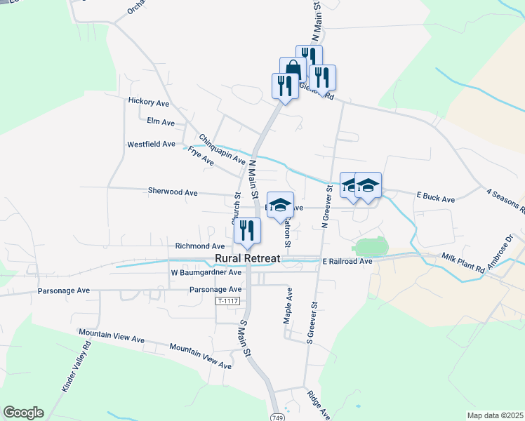 map of restaurants, bars, coffee shops, grocery stores, and more near 200-298 North Main Street in Rural Retreat