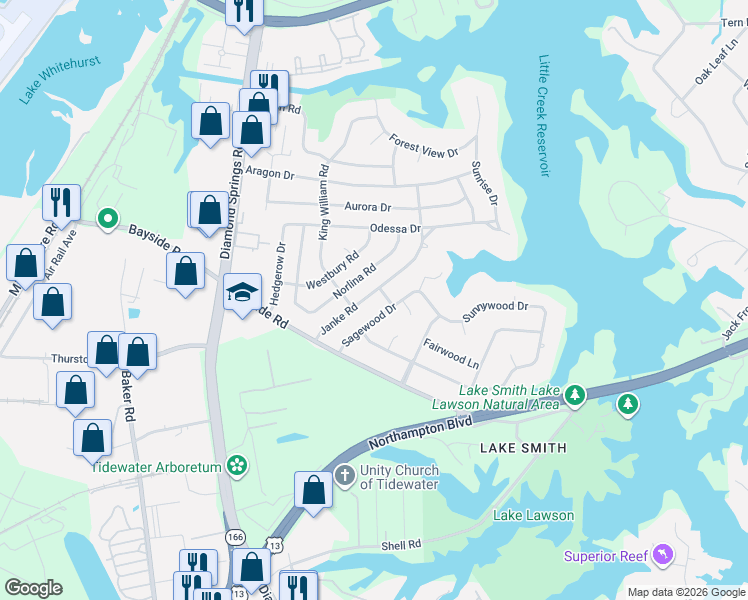 map of restaurants, bars, coffee shops, grocery stores, and more near 1525 Sagewood Drive in Virginia Beach