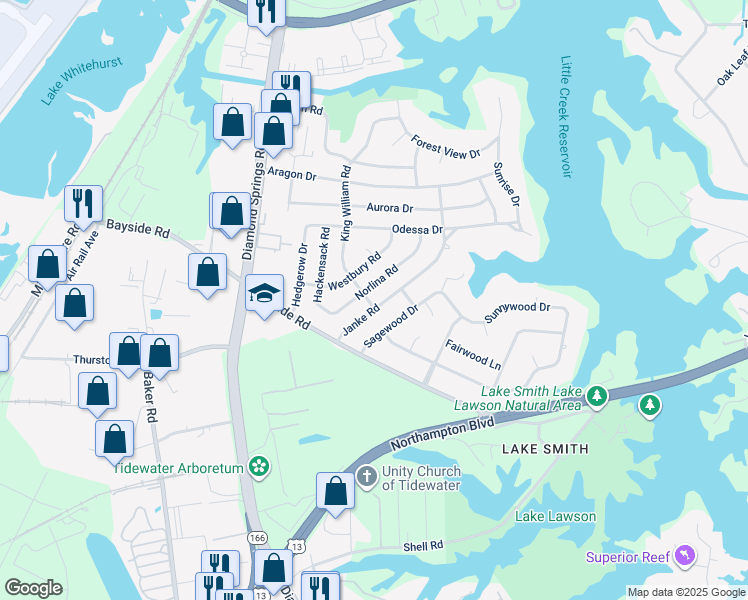 map of restaurants, bars, coffee shops, grocery stores, and more near 1600 King William Road in Virginia Beach