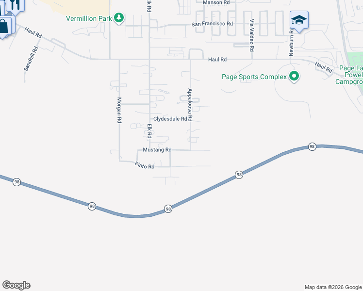 map of restaurants, bars, coffee shops, grocery stores, and more near 543 Mustang Road in Page