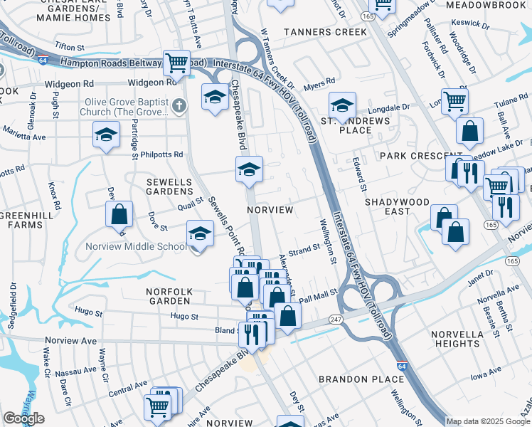 map of restaurants, bars, coffee shops, grocery stores, and more near 6363 Alexander Street in Norfolk