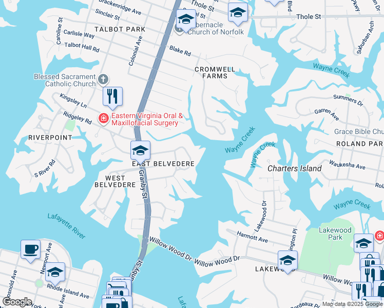 map of restaurants, bars, coffee shops, grocery stores, and more near 139 Dover Circle in Norfolk