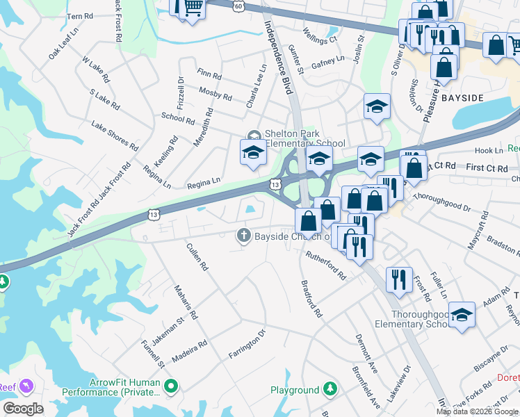map of restaurants, bars, coffee shops, grocery stores, and more near 5329 Bardith Circle in Virginia Beach