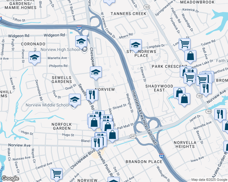 map of restaurants, bars, coffee shops, grocery stores, and more near 6343 Picadilly Square in Norfolk