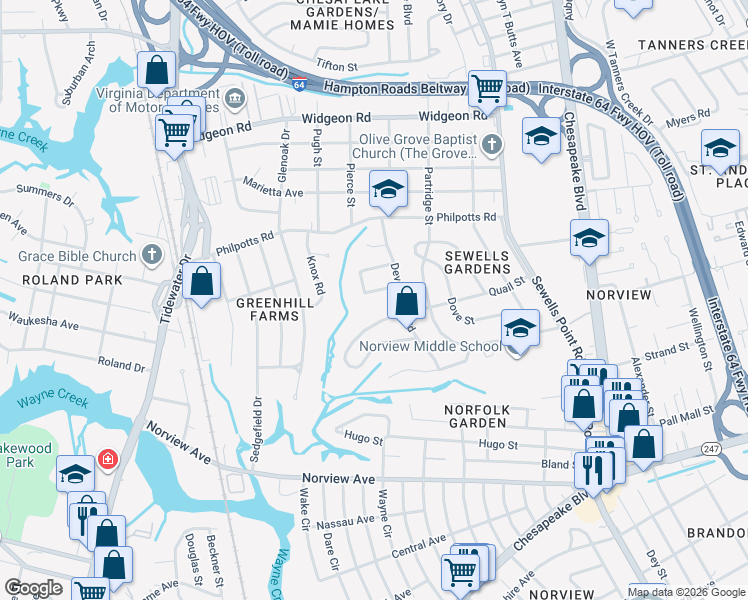 map of restaurants, bars, coffee shops, grocery stores, and more near 956 Quail Street in Norfolk