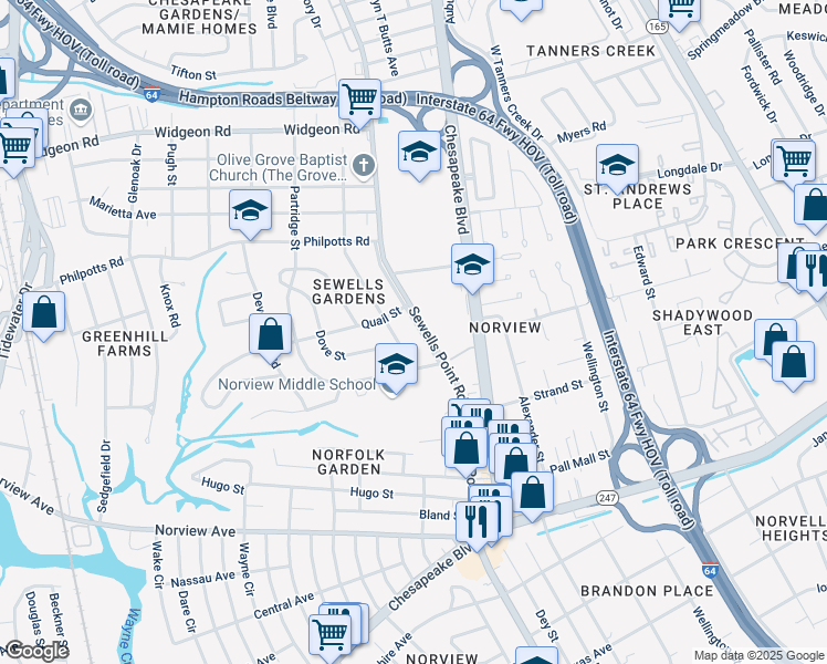 map of restaurants, bars, coffee shops, grocery stores, and more near 6365 Sewells Point Road in Norfolk