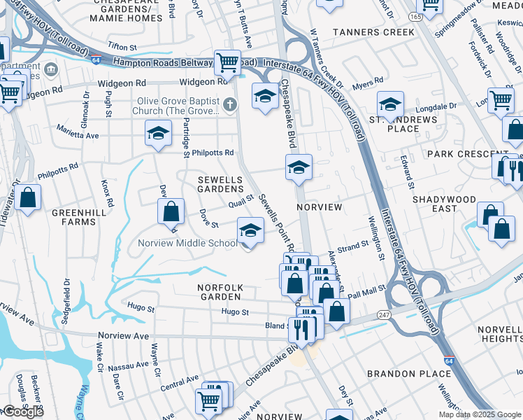 map of restaurants, bars, coffee shops, grocery stores, and more near 6365 Sewells Point Road in Norfolk