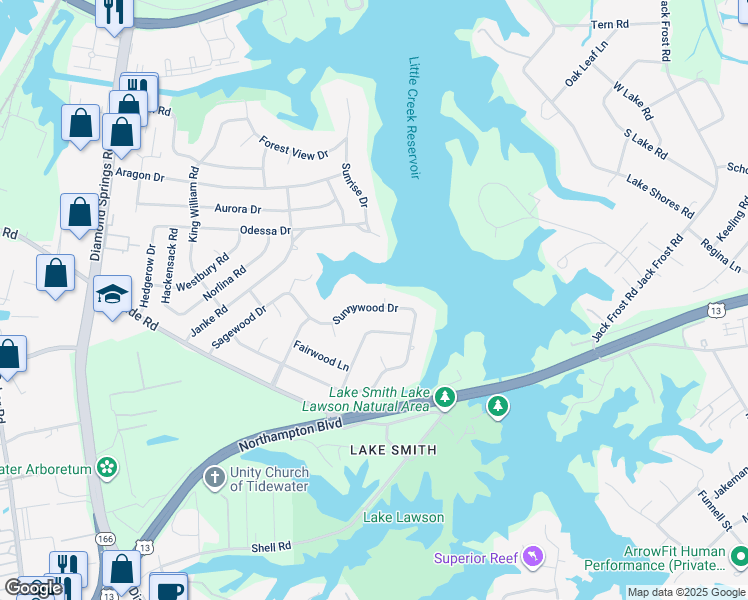 map of restaurants, bars, coffee shops, grocery stores, and more near 5428 Sunnywood Drive in Virginia Beach