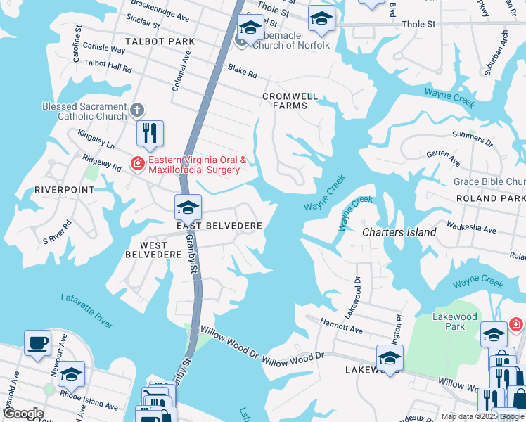 map of restaurants, bars, coffee shops, grocery stores, and more near 139 Dover Circle in Norfolk