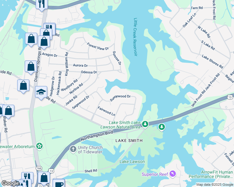 map of restaurants, bars, coffee shops, grocery stores, and more near 5440 Sunnywood Drive in Virginia Beach