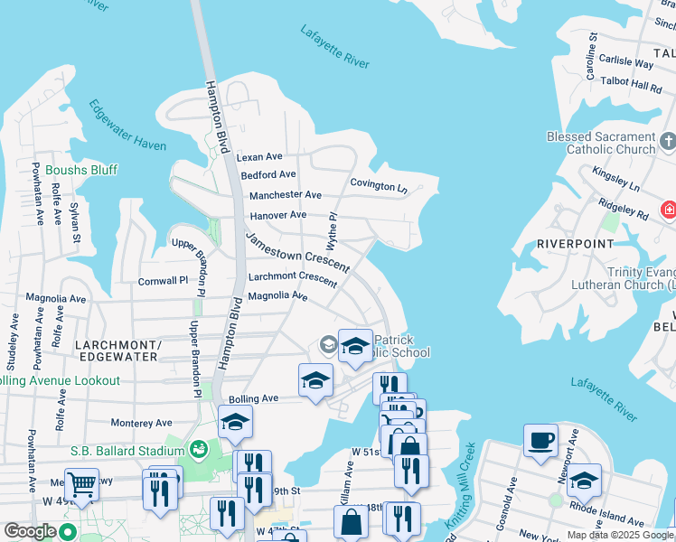 map of restaurants, bars, coffee shops, grocery stores, and more near 1015 Jamestown Crescent in Norfolk