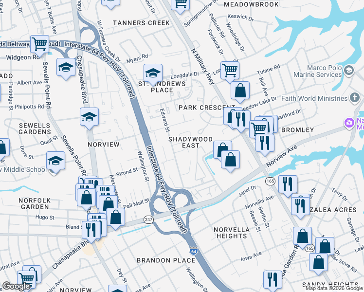 map of restaurants, bars, coffee shops, grocery stores, and more near 1454 Shadywood Road in Norfolk
