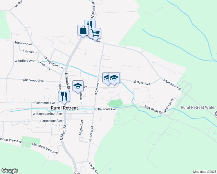map of restaurants, bars, coffee shops, grocery stores, and more near 321 East Buck Avenue in Rural Retreat