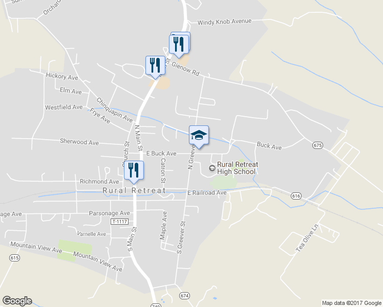 map of restaurants, bars, coffee shops, grocery stores, and more near East Buck Avenue in Rural Retreat