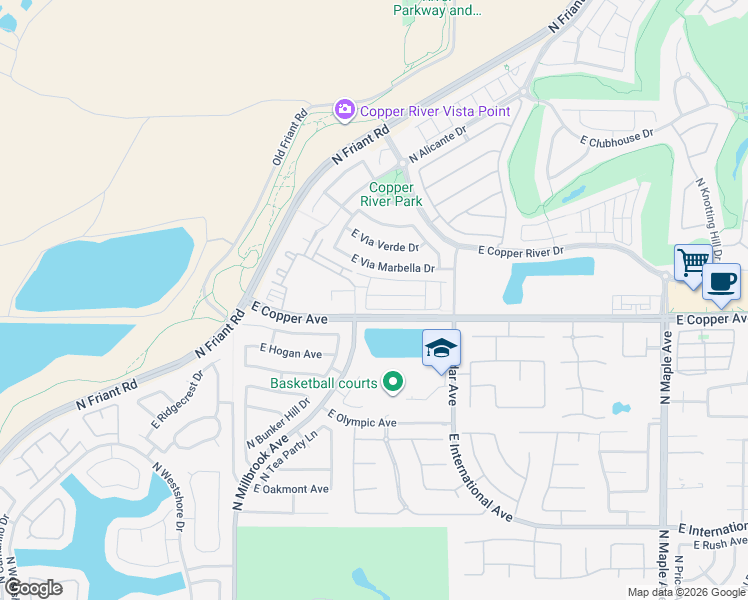 map of restaurants, bars, coffee shops, grocery stores, and more near 11023 North Via Argenta Way in Fresno