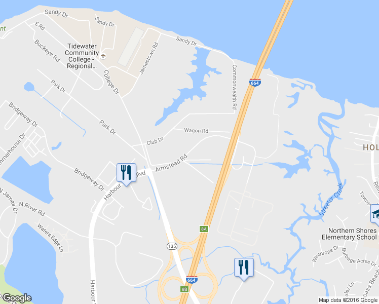 map of restaurants, bars, coffee shops, grocery stores, and more near Armstead Road in Suffolk