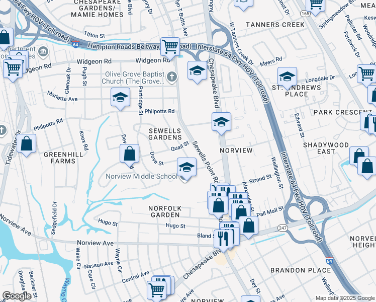 map of restaurants, bars, coffee shops, grocery stores, and more near 6372 Palem Road in Norfolk