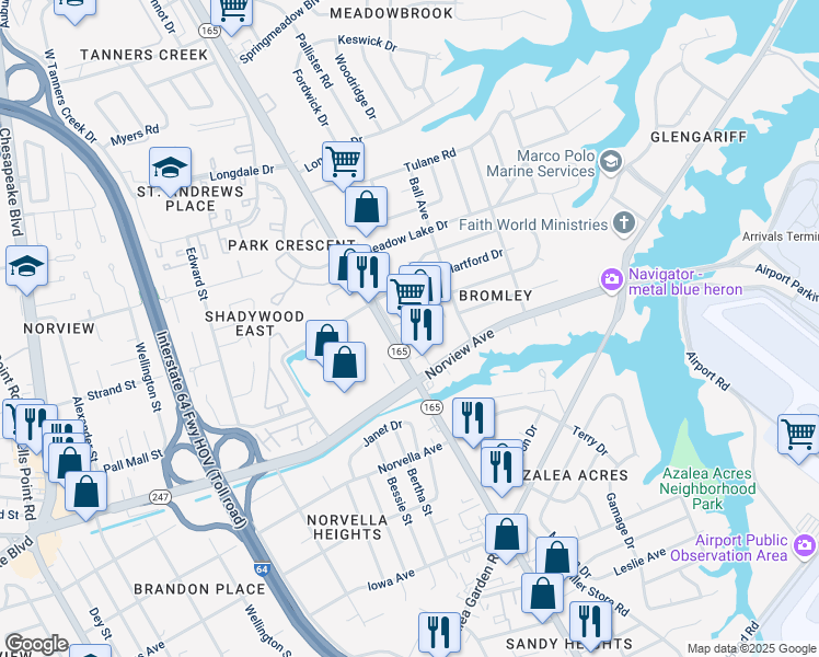 map of restaurants, bars, coffee shops, grocery stores, and more near 6206 North Military Highway in Norfolk