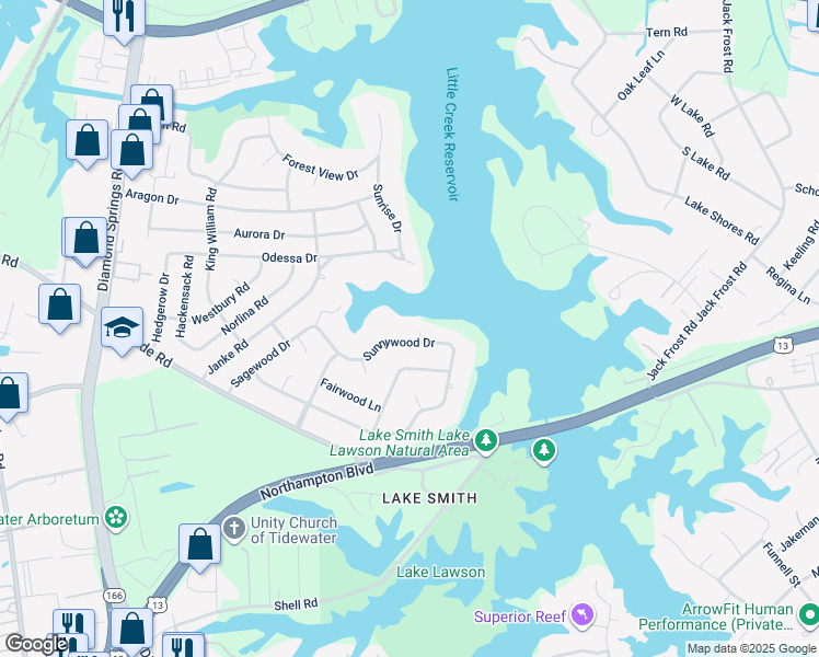 map of restaurants, bars, coffee shops, grocery stores, and more near 5428 Sunnywood Drive in Virginia Beach