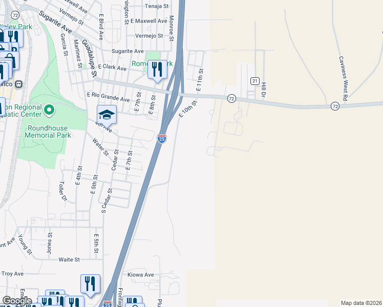 map of restaurants, bars, coffee shops, grocery stores, and more near 595 East 10th Street in Raton