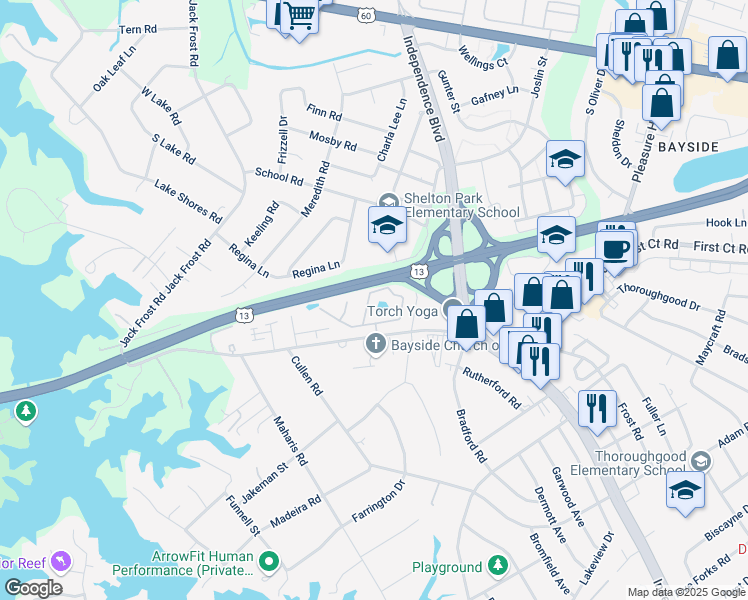 map of restaurants, bars, coffee shops, grocery stores, and more near 5104 Bardith Circle in Virginia Beach