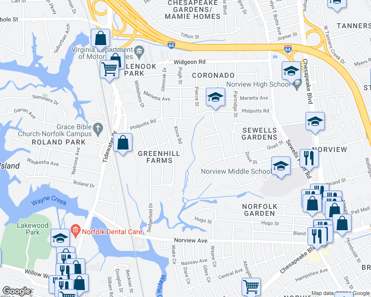 map of restaurants, bars, coffee shops, grocery stores, and more near 6426 Knox Road in Norfolk
