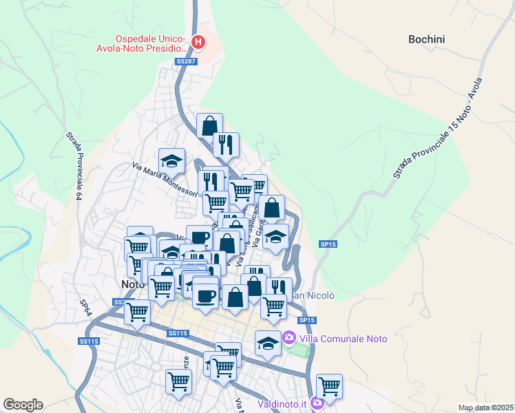 map of restaurants, bars, coffee shops, grocery stores, and more near 8 Vico Mentana in Noto