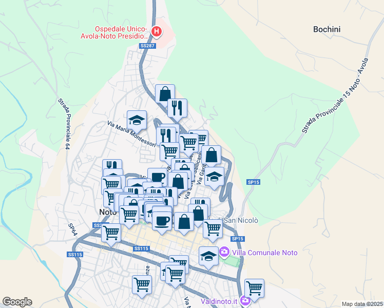 map of restaurants, bars, coffee shops, grocery stores, and more near Ronco Aleandro Girolamo in Noto