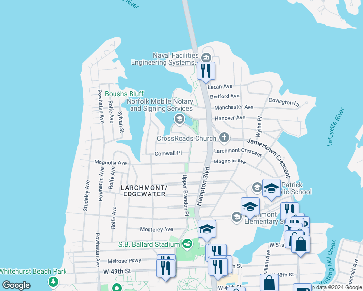 map of restaurants, bars, coffee shops, grocery stores, and more near 1313 Sussex Place in Norfolk