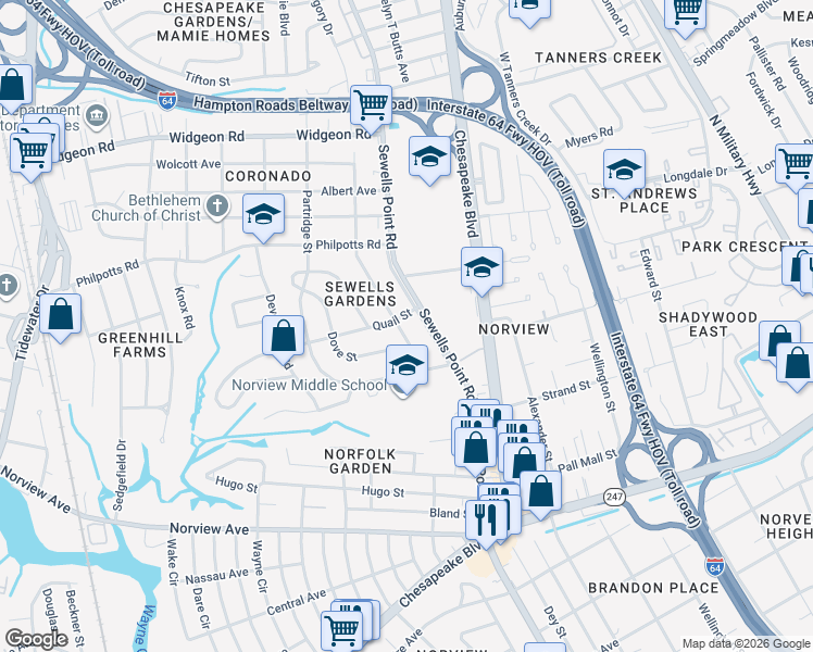 map of restaurants, bars, coffee shops, grocery stores, and more near 6406 Palem Road in Norfolk