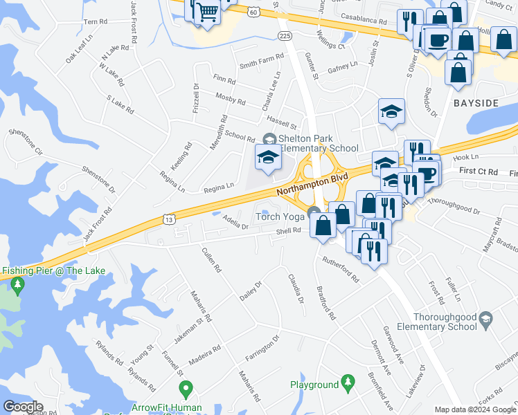 map of restaurants, bars, coffee shops, grocery stores, and more near 5088 Bardith Circle in Virginia Beach