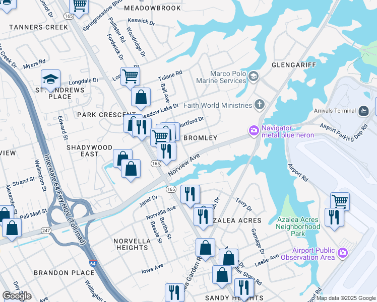 map of restaurants, bars, coffee shops, grocery stores, and more near 1812 McDowell Road in Norfolk