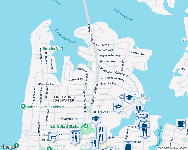 map of restaurants, bars, coffee shops, grocery stores, and more near 6104 Myrtle Park in Norfolk