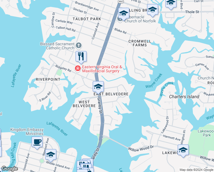 map of restaurants, bars, coffee shops, grocery stores, and more near 106 Windham Road in Norfolk