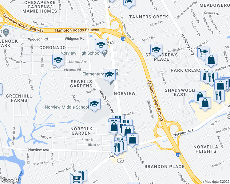 map of restaurants, bars, coffee shops, grocery stores, and more near 6377 Chesapeake Boulevard in Norfolk