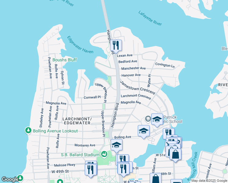 map of restaurants, bars, coffee shops, grocery stores, and more near 6104 Myrtle Park in Norfolk