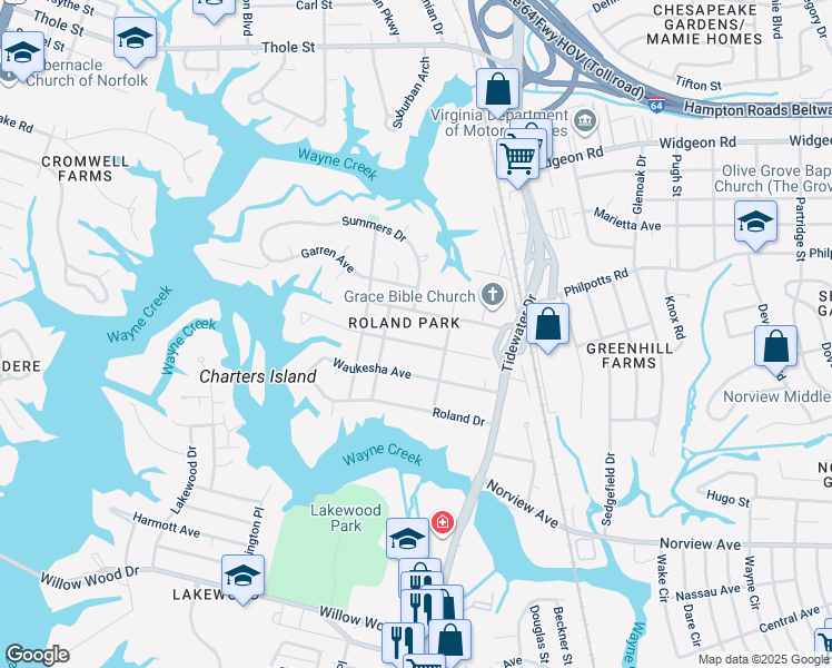 map of restaurants, bars, coffee shops, grocery stores, and more near 626 Kenosha Avenue in Norfolk