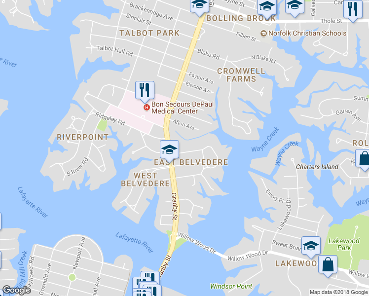 map of restaurants, bars, coffee shops, grocery stores, and more near 106 Windham Road in Norfolk