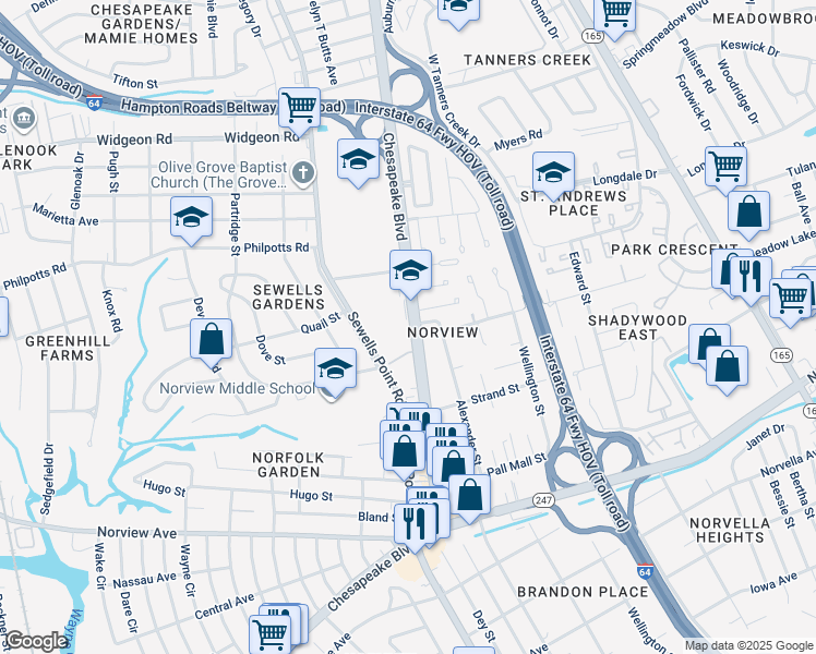 map of restaurants, bars, coffee shops, grocery stores, and more near 6377 Chesapeake Boulevard in Norfolk
