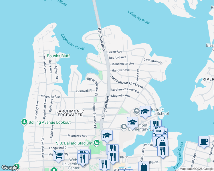 map of restaurants, bars, coffee shops, grocery stores, and more near 6104 Myrtle Park in Norfolk