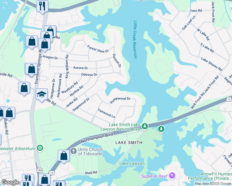 map of restaurants, bars, coffee shops, grocery stores, and more near 5440 Sunnywood Drive in Virginia Beach