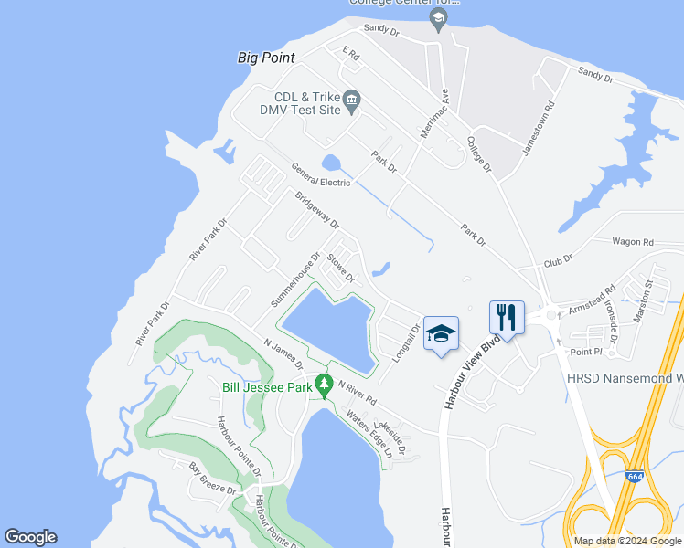 map of restaurants, bars, coffee shops, grocery stores, and more near 102 Stowe Drive in Suffolk