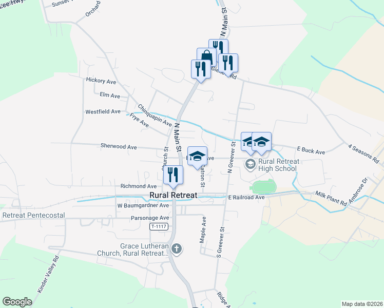 map of restaurants, bars, coffee shops, grocery stores, and more near 101-199 Locust Avenue in Rural Retreat