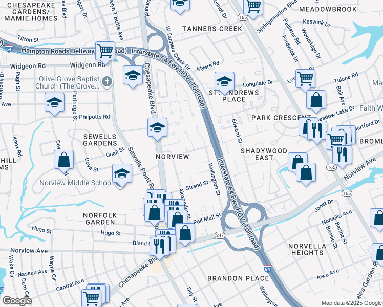 map of restaurants, bars, coffee shops, grocery stores, and more near 6360 Picadilly Square in Norfolk